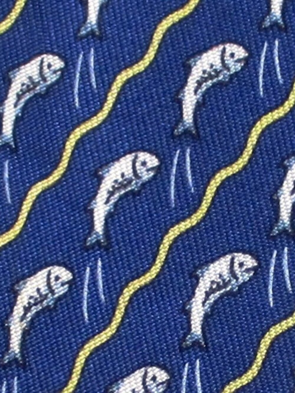 100% REAL HERMES TIE ~ BLUE w WHIMSICAL SALMON FISH SWIMMING UPSTREAM WAVES XL